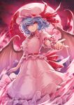  1girl bat_wings blue_hair full_moon hat hat_ribbon highres long_skirt looking_at_viewer mob_cap moon offering_hand pink_shirt pink_skirt re_(re_09) red_eyes red_moon remilia_scarlet ribbon shirt short_hair skirt smile solo touhou wings 