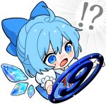  !? 1girl ahoge asaka_haru123 blue_bow blue_eyes blue_hair blush_stickers bow chibi circled_9 cirno commentary_request cropped_torso emphasis_lines glint hair_bow highres ice ice_wings open_mouth puffy_short_sleeves puffy_sleeves short_hair short_sleeves solo surprised sweatdrop touhou watermark white_background wings 