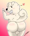  anthro balls big_butt blush butt canid canine curled_tail d13w0tt_(artist) flirting_look fur genitals gesture hand_gesture heart_symbol hi_res looking_back male mammal middle_finger nude slightly_chubby smile solo tail terrence_(ugly-rat15508) thick_thighs white_body white_fur 