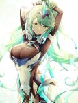  1girl armpits arms_behind_head black_bodysuit bodysuit breasts closed_mouth commentary covered_navel green_eyes green_hair headpiece highres large_breasts long_hair looking_at_viewer pneuma_(xenoblade) ponytail simple_background smile solo swept_bangs ui_frara very_long_hair white_background xenoblade_chronicles_(series) xenoblade_chronicles_2 