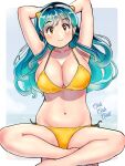  1girl bikini breasts cleavage green_hair highres horns kenken28937178 large_breasts long_hair looking_at_viewer lum navel oni sitting smile solo swimsuit urusei_yatsura yellow_bikini yellow_eyes 