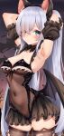  1girl absurdres animal_ears armpits arms_behind_head arms_up azur_lane bare_shoulders bat_wings black_bow black_choker black_leotard blue_eyes blush bow bow_choker breasts brown_thighhighs cat_ears choker cleavage closed_mouth commission covered_navel cowboy_shot detached_sleeves expressionless fake_animal_ears frills hair_over_one_eye hairband highres janus_(azur_lane) janus_(fright-night_scaredy-cat)_(azur_lane) jun_(aousa0328) latex leotard long_hair looking_at_viewer low_wings medium_breasts navel short_sleeves skeb_commission skindentation sky standing thighhighs thighs torn_clothes torn_thighhighs twintails very_long_hair white_hair wings 