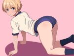  1girl all_fours ass blonde_hair blue_buruma blue_eyes blush buruma commentary_request gym_uniform looking_at_viewer looking_back original pink_background short_hair simple_background socks solo yizumi 