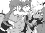  1boy 1girl 1other buib_(mekako_chan) closed_eyes commentary cropped_vest dancing duel_academy_uniform_(yu-gi-oh!_gx) greyscale highres hug hug_from_behind jacket long_hair mamotte_shugogetten! medium_hair monochrome monster_girl multicolored_hair no_nose open_clothes open_jacket parody saotome_rei simple_background spiked_hair surprised two-tone_hair vest yu-gi-oh! yu-gi-oh!_gx yubel yuki_judai 