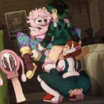  anus ashido_mina balls boots brown_hair clothing ejaculation_while_penetrated female footwear genitals green_hair group hair hi_res horn horned_humanoid human humanoid izuku_midoriya male male/female mammal my_hero_academia ochaco_uraraka penis pink_body pink_skin poster pussy spiralart_(artist) superhero_costume toga_himiko trio 