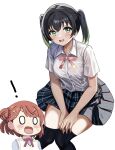  ! 2girls black_hair black_thighhighs blank_eyes blunt_bangs blush braid breasts collarbone gradient_hair green_eyes green_hair hair_between_eyes hair_bun hair_ornament hairclip hand_on_own_thigh highres looking_at_viewer love_live! love_live!_nijigasaki_high_school_idol_club medium_breasts medium_hair multicolored_hair multiple_girls neck_ribbon nijigasaki_academy_school_uniform o_o open_mouth orange_hair plaid plaid_skirt pleated_skirt raised_eyebrows ribbon school_uniform shirt simple_background single_side_bun sitting skirt smile summer_uniform surprised sweatdrop sweater_vest takasaki_yu thighhighs twintails two-tone_hair uehara_ayumu v-shaped_eyebrows vest white_background yellow_vest zaofeng 