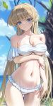  1girl absurdres beach bikini blonde_hair blue_archive blue_eyes blue_halo blue_sky blurry blurry_background braid breasts cloud cowboy_shot day french_braid halo highres large_breasts long_hair may9 navel outdoors sky solo standing strapless strapless_bikini swimsuit toki_(blue_archive) very_long_hair wet white_bikini 