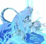  1boy 1girl azura_(fire_emblem) azura_(song&#039;s_reflection)_(fire_emblem) blue_hair closed_eyes commentary_request corrin_(fire_emblem) corrin_(male)_(adrift)_(fire_emblem) corrin_(male)_(fire_emblem) dragon_horns dragon_tail elbow_gloves fingerless_gloves fire_emblem fire_emblem_fates fire_emblem_heroes gloves grey_hair hands_on_another&#039;s_face highres horns long_hair lying official_alternate_costume open_mouth pointy_ears sasaki_(dkenpisss) short_hair simple_background smile tail veil very_long_hair white_background white_gloves 