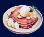  banana banana_slice chocolate_syrup food food_focus fruit frying-ammonite garnish ice_cream mint no_humans original pancake pancake_stack plate simple_background still_life whipped_cream 