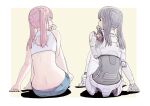  2girls android back_cutout clothing_cutout crop_top denim denim_shorts full_body grey_hair highres joints long_hair looking_at_another looking_at_viewer multiple_girls original panties panty_peek pink_hair pink_panties robot_joints short_shorts shorts sideways_glance simple_background sitting sukabu twintails underwear white_background 