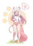  1girl ;3 absurdres ahoge animal_ear_fluff animal_ears barefoot blush_stickers brown_eyes cat_ears cat_girl cat_tail feet full_body hand_under_clothes hand_under_shirt highres komi_(trickcal) legs long_hair messy_hair navel off_shoulder one_eye_closed open_mouth pillow pink_shorts shirt short_shorts short_sleeves shorts solo standing stomach tail thighs toes toriseru_(rare_stone) trickcal white_hair white_shirt yawning 