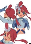  1girl :d blue_eyes blush_stickers commentary_request cropped_jacket gloves hair_ornament highres index_fingers_together jacket looking_at_viewer multiple_views one_eye_closed one_side_up open_mouth ora_(oraora_oekaki) pokemon pokemon_bw red_hair sidelocks skyla_(pokemon) smile sweatdrop tongue tongue_out 