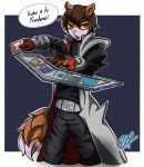 anthro bottomwear brown_body brown_eyes canid canine canis card clothing domestic_dog duel hi_res jacket male mammal pants shirt solo spanish_text tail text topwear yu-gi-oh! zak_hitsuji