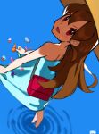  1girl artist_name bag bare_arms brown_eyes brown_hair commentary_request dress eyelashes green_dress hat highres long_hair looking_at_viewer open_mouth ora_(oraora_oekaki) pokemon pokemon_sm red_bag ripples shoulder_bag sightseer_(pokemon) solo standing sun_hat wading water 