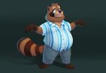 anthro bottomwear brown_body clothed clothing digital_media_(artwork) hi_res male mammal markings overweight overweight_anthro overweight_male pants pattern_clothing procyonid raccoon shirt siblu sibluself simple_background solo striped_clothing striped_markings striped_tail stripes tail tail_markings topwear