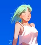  1girl absurdres artist_name bare_shoulders blue_background blue_sky blush breasts closed_eyes crop_top dress green_hair hair_flowing_over highres ikahueki medium_breasts midriff midriff_peek original revealing_clothes sky sleeveless sleeveless_dress white_dress 