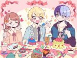  1girl 2boys aoyagi_touya aqua_jacket black_jacket black_outline black_shirt blazer blonde_hair blue_hair blush_stickers bow braid brown_hair bubble_tea buttons cake cake_slice candle candlelight candlestand cherry chewing chocolate_cake chocolate_syrup closed_mouth coaster coffee collarbone collared_shirt colored_tips cup dark_blue_hair drink drinking_glass drinking_straw eyelashes flower food food_on_face fork frilled_shirt_collar frills fruit furrowed_brow gradient_hair grey_eyes grey_shirt hair_bow half-closed_eyes hanasato_minori happy heart height_difference holding holding_fork holding_plate hood hood_down hooded_jacket ice ice_cube jacket jewelry jitome lapels light_blue_hair light_blue_jacket looking_at_another macaron medium_hair mole mole_under_eye multicolored_clothes multicolored_hair multicolored_jacket multiple_boys neck_ribbon necklace open_mouth orange_bow orange_eyes orange_flower orange_hair orange_sweater outline pie pie_slice pink_background pink_ribbon piyonpi plate polka_dot polka_dot_background project_sekai rainbow_cake red_ribbon ribbon saucer shirt short_braid side_braid simple_background single_braid smile sparkle split-color_hair spoon sprinkles strawberry sugar_bowl sweater swept_bangs table tablecloth teacup tenma_tsukasa tsurime two-tone_bow two-tone_hair two-tone_jacket two-tone_shirt whipped_cream white_bow white_shirt wide-eyed 