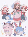  2girls 343rone :d ? ?? absurdres azumarill bow brown_hair closed_eyes commentary_request hair_flaps hat hat_bow highres igglybuff leaf_(pokemon) long_hair lyra_(pokemon) marill multiple_girls multiple_views open_mouth overalls pleated_skirt pokemon pokemon_(creature) pokemon_frlg pokemon_hgss red_bow shirt sidelocks skirt smile sparkle thumbs_up twintails white_hat wigglytuff 