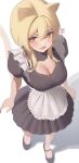 1girl alternate_costume animal_ears apron artist_name baobei_(baobei_bu) black_dress black_footwear blonde_hair blush breasts cat_ears cat_tail cleavage cleavage_cutout clothing_cutout dress english_commentary enmaided fang frills full_body genshin_impact hair_between_eyes heart_cutout highres kemonomimi_mode large_breasts looking_at_viewer lumine_(genshin_impact) maid open_mouth puffy_short_sleeves puffy_sleeves shadow shoes short_hair short_sleeves sidelocks simple_background skin_fang solo standing tail teeth tongue v-shaped_eyebrows white_apron white_background yellow_eyes 