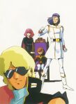  1980s_(style) 2boys 2girls age_difference blonde_hair boots bow brown_hair gloves gundam haman_karn key_visual kitazume_hiroyuki military military_uniform mineva_lao_zabi mullet multiple_boys multiple_girls neo_zeon official_art paptimus_scirocco pink_hair promotional_art purple_hair quattro_bajeena retro_artstyle scan science_fiction sitting sunglasses throne titans_(gundam) traditional_media uniform vest white_background zeta_gundam 