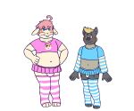  ahoge amanekiryuu anthro belly big_bulge blonde_hair blush bottomwear bulge calahoo_(calahootheyeen) clothing crop_top duo fur girly grey_body grey_fur hair hands_on_hips hi_res hyena joshie_(calahootheyeen) lagomorph legwear leporid male male/male mammal markings navel overweight overweight_male panties pink_hair rabbit shirt skirt spots spotted_body spotted_hyena thigh_highs topwear underwear white_body white_fur 