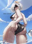  1girl 2b_(nier:automata) aelion_draws ass ass_support bikini black_blindfold blindfold blue_sky breasts flower hair_flower hair_ornament hair_over_one_eye highres huge_ass large_breasts medium_breasts nier nier:automata nier_(series) outdoors short_hair sideboob sky swimsuit thick_thighs thighs wet white_hair 
