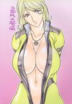  1girl blonde_hair blue_eyes breasts cleavage highres large_breasts long_hair nova_forrester okachimentaiko rippadou smile solo space_battleship_yamato star_blazers unzipped wet yuki_mori 