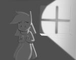 bodily_fluids contemplating female flashlight ghost hitsuji humanoid looking_at_hand monochrome riley_(hitsuji) scarf simple_background solo spirit tears window