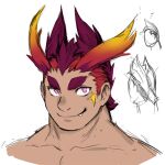  1boy antenna_hair bara bright_pupils cropped_torso cthugha_(housamo) doodle_inset fang fang_out highres huge_eyebrows humanization jacketbear male_focus multiple_views pectorals pink_eyes prehensile_hair red_hair sanpaku sideburns slit_pupils smile third-party_source tokyo_afterschool_summoners undercut unfinished 