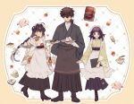  1boy 1girl 1other :q ahoge alternate_costume apron black_footwear black_hair black_hakama black_skirt book boots bowl braid braided_hair_rings cake castella_(food) choker chopsticks crimson_codex_(fate) dango fate/samurai_remnant fate_(series) food frilled_apron frills fruit green_kimono grey_kimono hair_over_eyes hakama hakama_skirt highres holding holding_menu holding_tray japanese_clothes kimono long_hair low_ponytail maid maid_apron maid_headdress menu miyamoto_iori_(fate) ogasawara_kaya onigiri pig popsicle printemps purple_eyes shirt sidelocks single_braid skirt smile strawberry teapot tongue tongue_out tray wa_maid wagashi white_apron white_kimono white_shirt wide_sleeves yamato_takeru_(fate) 