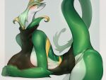 anthro big_breasts black_body black_fur breasts female fur generation_5_pokemon green_body green_scales huge_breasts looking_at_viewer mammal nintendo nipple_outline nipples non-mammal_breasts onm11 pokemon pokemon_(species) red_eyes reptile scales scalie serperior simple_background solo tail thick_thighs white_body white_scales