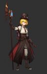  1girl blonde_hair boots brown_footwear brown_gloves brown_hat brown_overskirt collared_shirt commentary don_quixote_(project_moon) elbow_gloves full_body gloves goggles goggles_on_headwear grey_background hat highres holding holding_staff jason_kim limbus_company looking_at_viewer necktie overskirt pants project_moon red_eyes red_necktie shirt short_hair simple_background smile solo staff standing steampunk top_hat white_pants white_shirt 