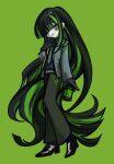  1girl alfonso_(project_moon) ashi_(dongshi389) barcode barcode_tattoo black_footwear black_hair black_jacket black_necktie black_pants black_shirt full_body green_background green_eyes green_hair highres jacket limbus_company long_hair looking_at_viewer multicolored_hair necktie pants parted_lips project_moon shirt shoes simple_background smile solo streaked_hair tattoo very_long_hair 