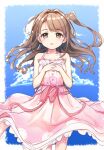  1girl bare_shoulders blue_background blue_sky blush breasts brown_eyes brown_hair cloud cloudy_sky collarbone cowboy_shot dot_nose dress floating_hair forehead frilled_dress frills hands_on_own_chest idolmaster idolmaster_cinderella_girls kuresuku_(lessons) long_hair open_mouth outside_border own_hands_together pink_dress pink_ribbon ribbon shimamura_uzuki side_ponytail sky sleeveless small_breasts solo spaghetti_strap straight-on straight_hair waist_ribbon wind wind_lift 
