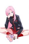  1girl animal bike_shorts black_jacket blue_eyes chu_chu_(shoujo_kakumei_utena) commentary highres indian_style jacket jewelry knees_apart_feet_together long_hair monkey namisonpictures pink_hair red_shorts ring shorts shoujo_kakumei_utena simple_background sitting symbol-only_commentary uniform white_background 