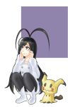  1boy @_@ antenna_hair black_eyes black_hair black_pantyhose bleach blue_eyes blush boots coat collarbone eyelashes fake_tail giselle_gewelle hands_on_own_face highres long_hair mimikyu otoko_no_ko pantyhose pokemon pokemon_(creature) solo squatting tail tilted_headwear very_long_hair wavy_mouth white_coat white_footwear white_hat zzz999123 