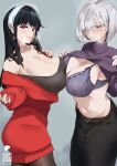  2girls asymmetrical_docking black_bra black_hair black_pants black_pantyhose bra breast_press breasts cleavage clothes_lift covered_nipples earrings fiona_frost frown grey_background grey_hair hair_over_one_eye hairband highres jewelry large_breasts long_hair looking_at_viewer multiple_girls navel noriko_(ni_noriko) pants pantyhose parted_lips purple_sweater qr_code red_eyes red_sweater short_hair smile spy_x_family stud_earrings sweater sweater_lift underwear white_hairband yor_briar 