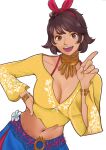  1girl absurdres breasts brown_eyes brown_hair choker cleavage dark-skinned_female dark_skin donima_(donutsinmanila) hairband highres jewelry josie_rizal looking_at_viewer midriff navel open_mouth ribbon short_hair simple_background smile solo tekken upper_body white_background 