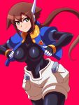  1girl aile_(mega_man_zx) black_bodysuit blue_jacket bodysuit bodysuit_under_clothes breasts brown_hair closed_mouth commentary_request covered_navel cowboy_shot cropped_jacket floating_hair gloves green_eyes hair_between_eyes highres jacket large_breasts layered_sleeves long_hair long_sleeves looking_at_viewer low_ponytail mega_man_(series) mega_man_zx mega_man_zx_advent nobuyu_(77yusei) open_clothes open_jacket ponytail red_background robot_ears short_over_long_sleeves short_shorts short_sleeves shorts sidelocks simple_background skin_tight smile solo standing white_shorts 