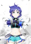  1girl ban_(777purin) blue_eyes blue_hair blue_shorts blush breasts closed_mouth dated headband highres looking_at_viewer lyrical_nanoha magical_girl midriff navel short_hair shorts signature simple_background small_breasts smile solo subaru_nakajima white_background 