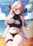  1girl alternate_costume aru_(blue_archive) barefoot beach black_bikini_bottom blue_archive blush breasts chisi closed_mouth commentary day halo highres horns large_breasts long_hair long_sleeves looking_at_viewer navel ocean outdoors pink_hair red_halo solo stomach thigh_strap thighs water yellow_eyes 