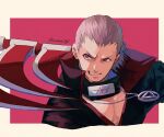  1boy character_request grey_hair hidan_(naruto) jacket male_focus naruto_(series) open_clothes purple_eyes scythe simple_background smile solo unno_24 upper_body white_hair 