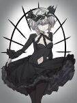  1girl am_isuel black_dress black_pantyhose blue_eyes breasts cleavage_cutout clothing_cutout dress head_wreath highres layered_dress lolita_fashion long_sleeves navel_cutout pale_skin pantyhose rance_(series) simple_background small_breasts white_hair yononaka 