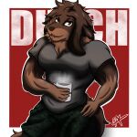 absurd_res anthro beverage bottomwear brown_body brown_eyes brown_fur canid canine canis clothing coffee domestic_dog fur hi_res male mammal muscular muscular_male pants shirt solo topwear zak_hitsuji