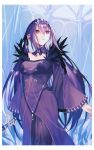  1girl bare_shoulders breasts cleavage detached_collar dress fate/grand_order fate_(series) feather_trim hair_between_eyes jewelry katagiri_(mighty_swing) large_breasts long_hair long_sleeves looking_up pantyhose pendant purple_dress purple_hair purple_pantyhose red_eyes scathach_(fate) scathach_skadi_(fate) solo tiara wand 