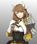  1girl armor belt black_belt breasts brown_hair cleavage commentary corset duneair fire_emblem fire_emblem_engage gloves goldmary_(fire_emblem) gradient_background grey_background hair_ribbon hands_up highres long_hair long_sleeves looking_at_viewer medium_breasts pouch ribbon shoulder_armor smile solo upper_body white_gloves white_ribbon yellow_eyes 