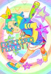  1girl baseball_bat blue_footwear blue_hair blue_hoodie bow character_name closed_mouth full_body green_eyes green_hair hair_bow holding holding_baseball_bat hood hoodie idol_time_pripara iria59 leaning_forward legs_apart long_sleeves looking_at_viewer looking_back miniskirt multicolored_hair nijiiro_nino pretty_series pripara shoes short_hair skirt socks solo standing star_(symbol) two-tone_hair yellow_bow 