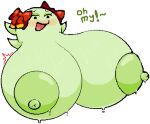 areola big_breasts black_eyes blush boo_(mario) bow_ribbon breasts english_text exclamation_point female ghost green_areola green_body green_nipples half-closed_eyes huge_breasts hyper hyper_breasts jjjetter lady_bow low_res mario_bros narrowed_eyes nintendo nipples not_furry open_mouth paper_mario solo spirit text