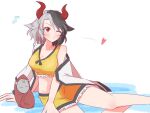  1girl animal_ears bare_shoulders breasts cleavage collarbone cow_ears cow_horns crop_top dz629pjnbxxeaiu frilled_shorts frills highres horns multicolored_hair one-hour_drawing_challenge open_clothes red_eyes red_horns shorts solo touhou two-tone_hair ushizaki_urumi yellow_shorts 