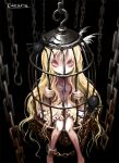  1girl birdcage black_background blonde_hair bound bound_legs bug cage chain cuffs long_hair original red_eyes restrained shackles sitting solo spider ume_(illegal_bible) 